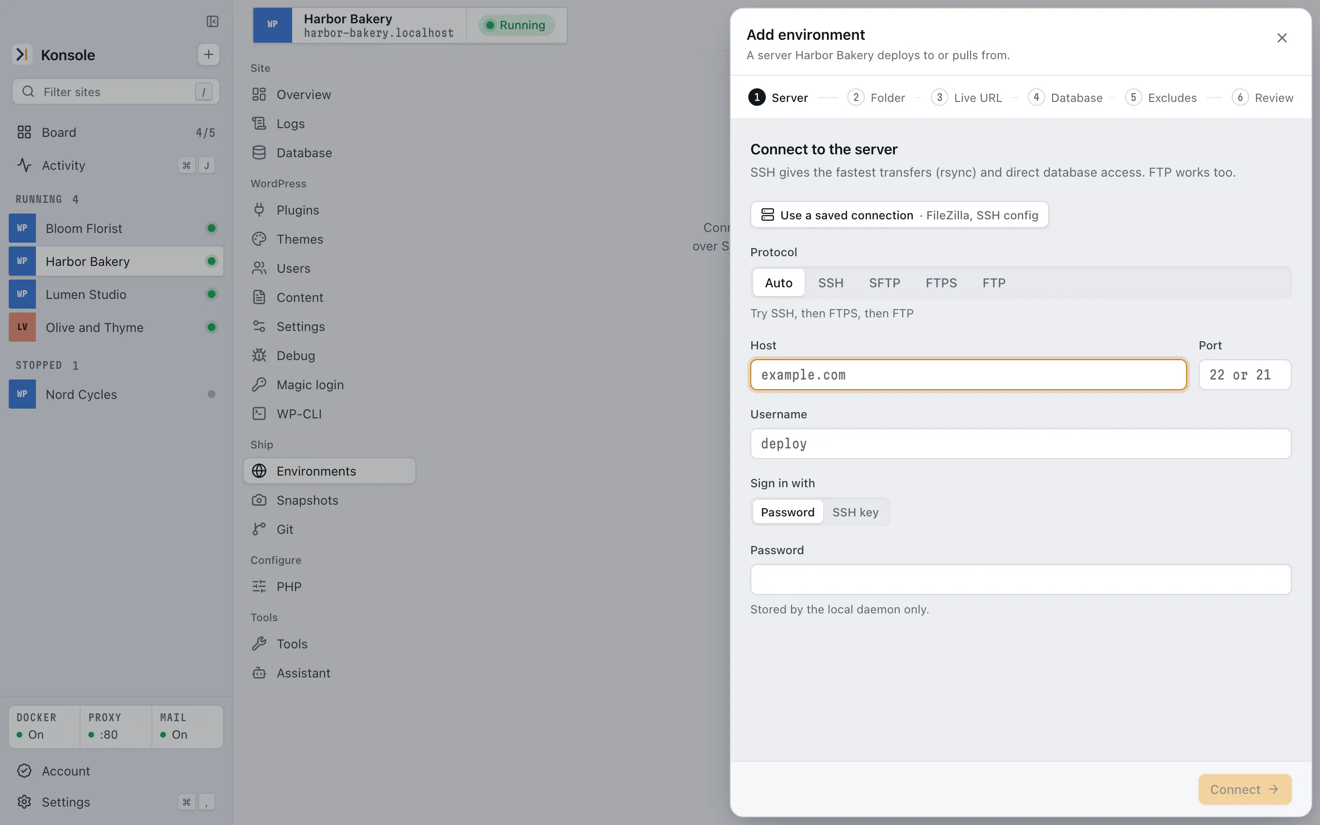 Konsole's Add environment window with protocol choices SSH, SFTP, FTPS and FTP
