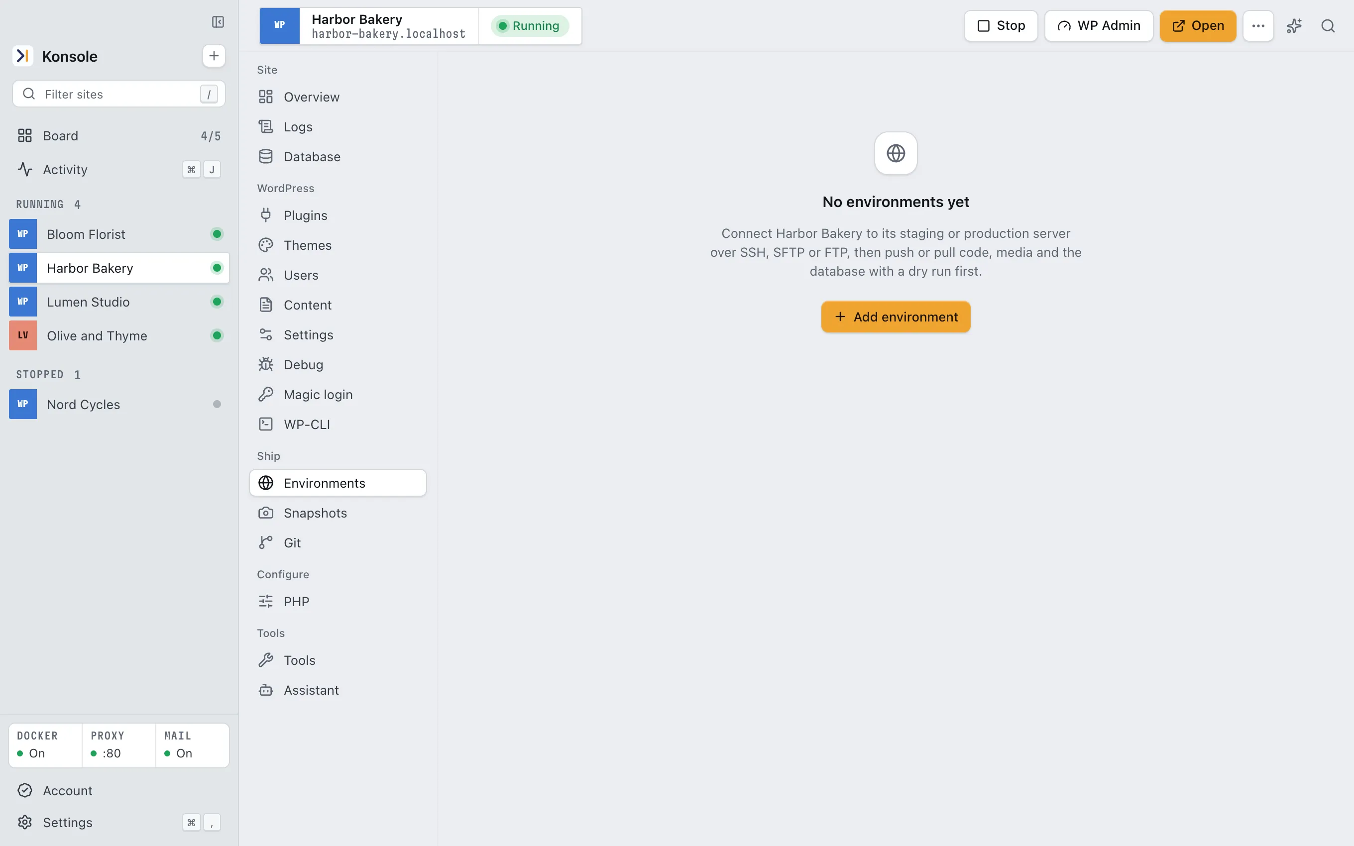 Konsole's Environments page for Harbor Bakery, with no servers yet and an Add environment button