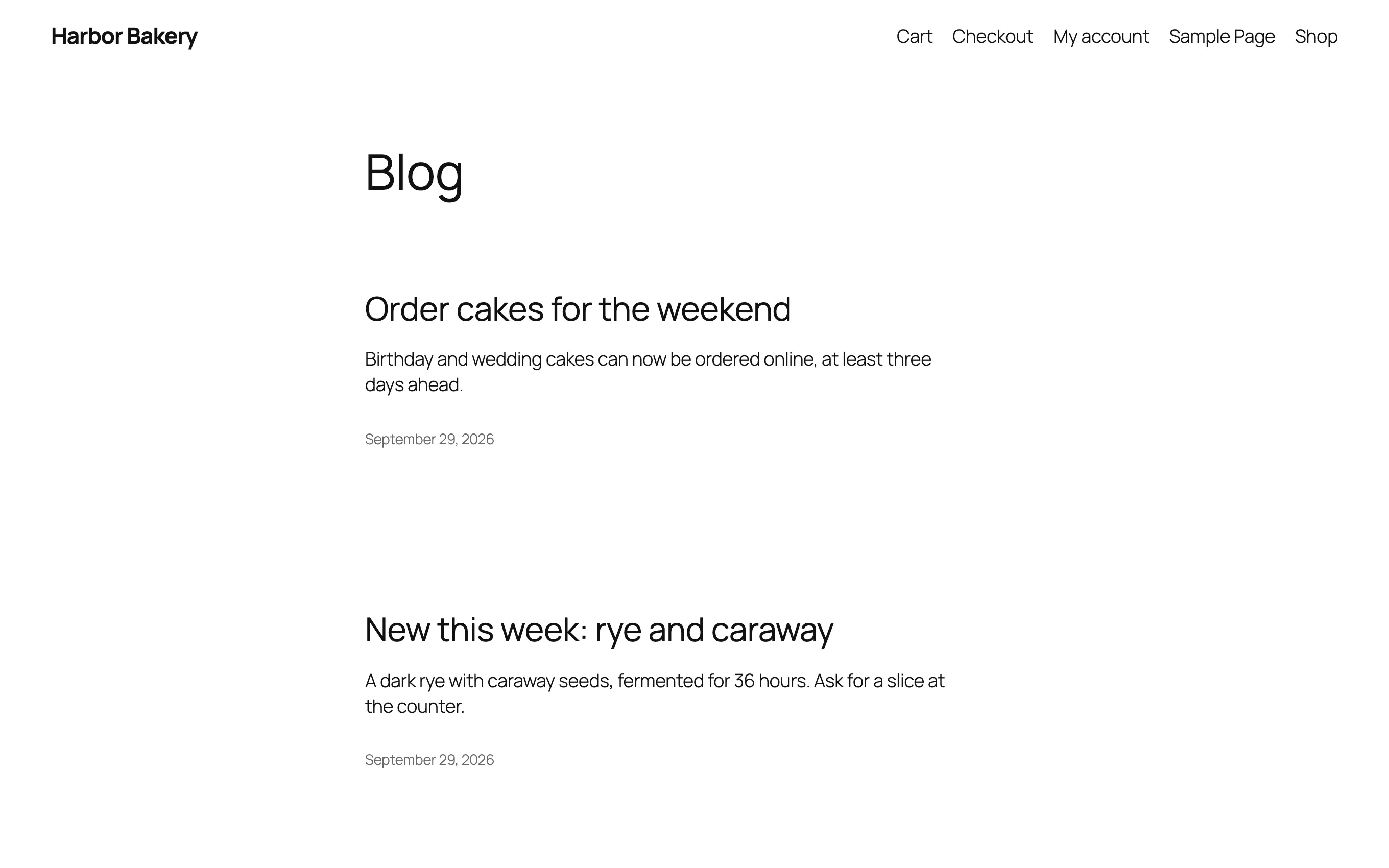 The Harbor Bakery sample site's blog, running on the computer