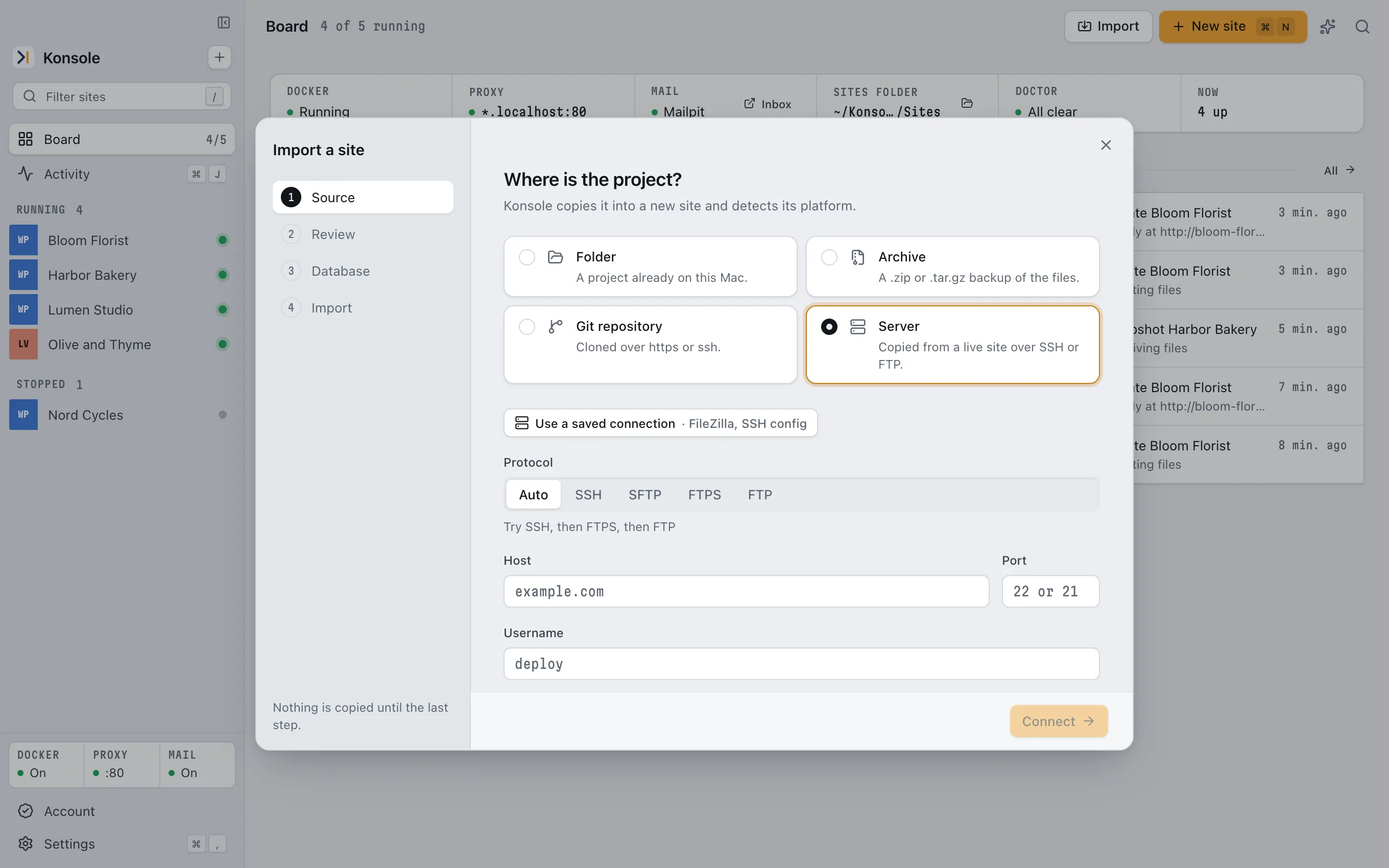 Konsole's Import window with the Server option selected and FTP connection fields