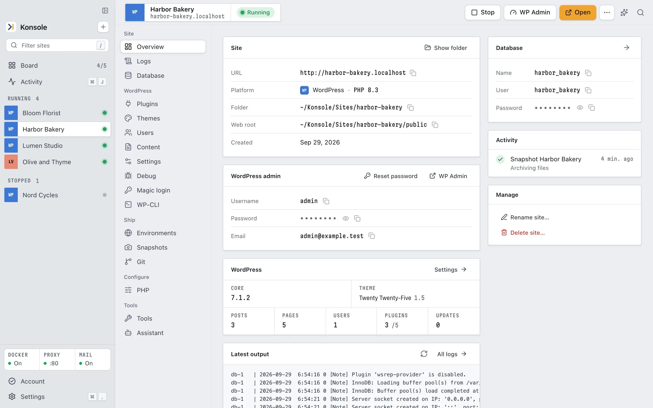 Harbor Bakery's overview in Konsole: its address, WordPress and PHP version, admin login and recent activity