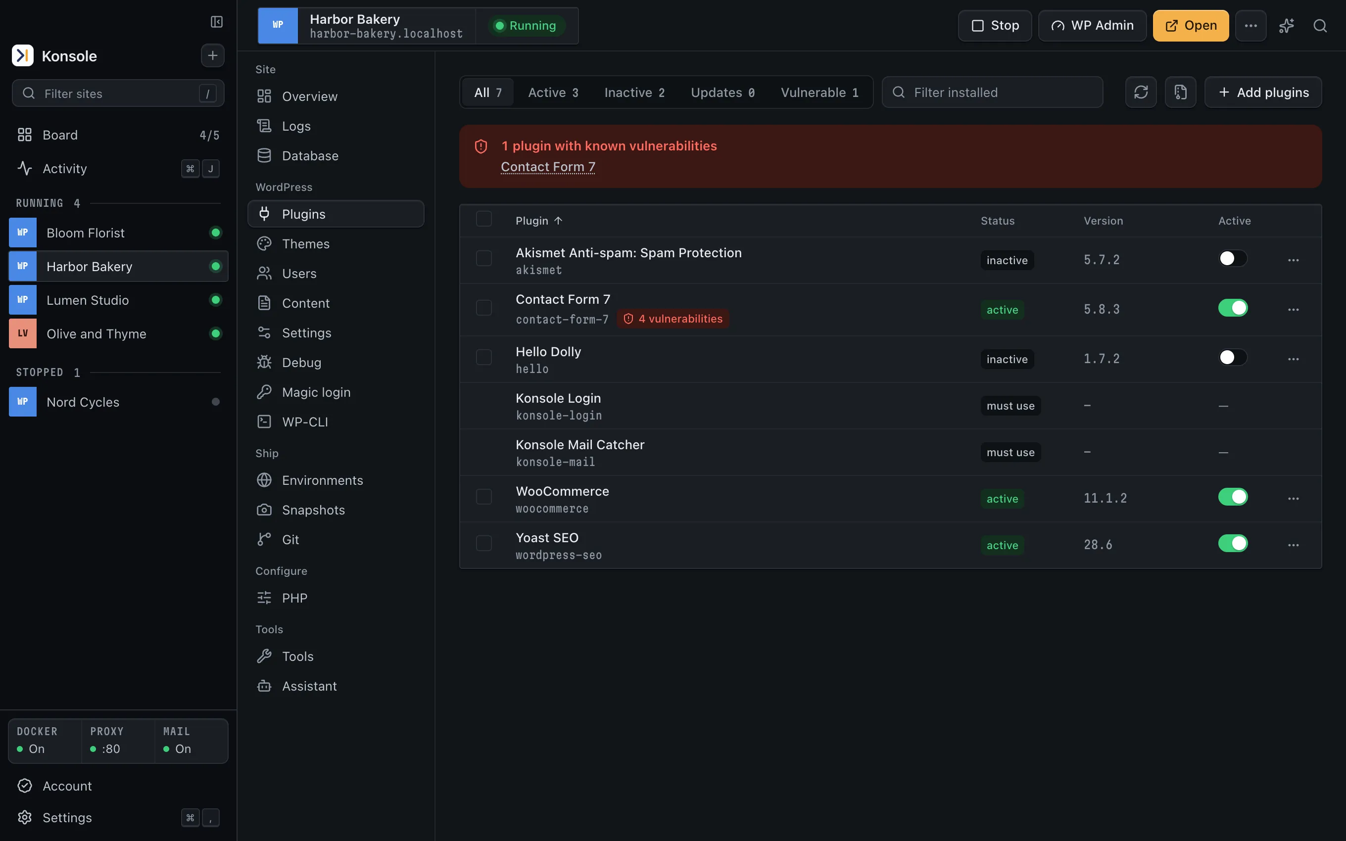 The Plugins section in dark mode