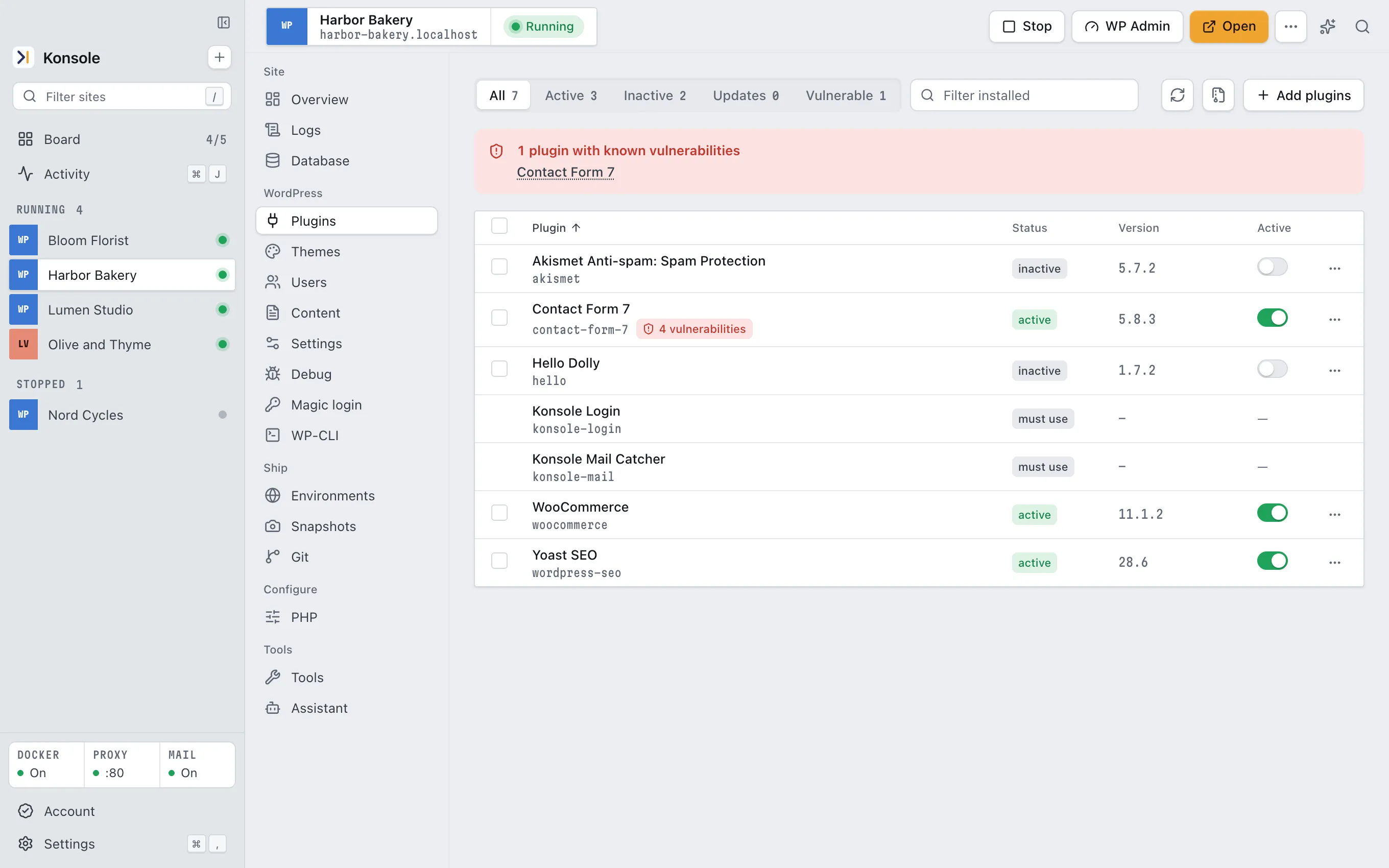 The Plugins section of a WordPress site in Konsole