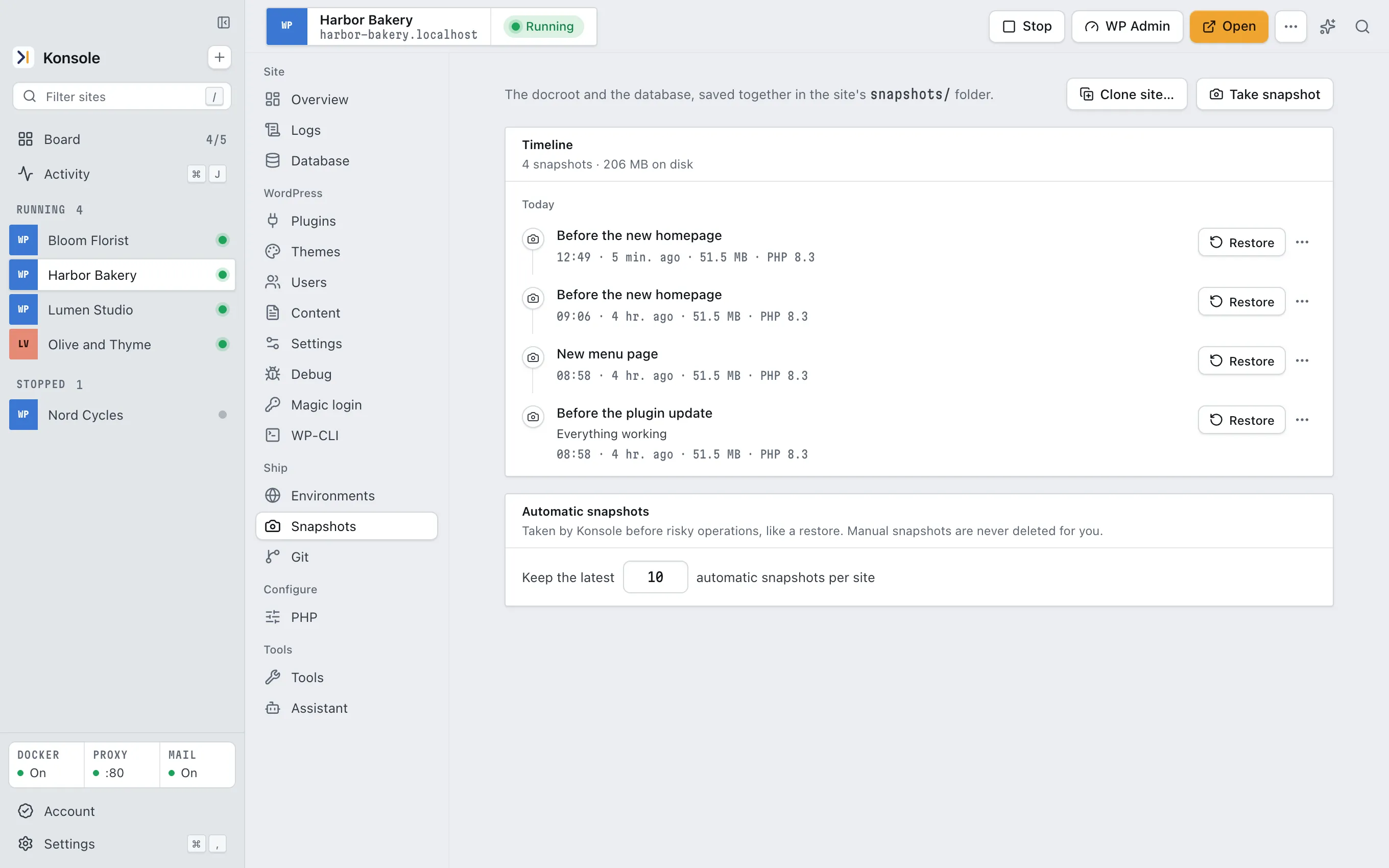 Konsole's Snapshots timeline with two restore points for Harbor Bakery