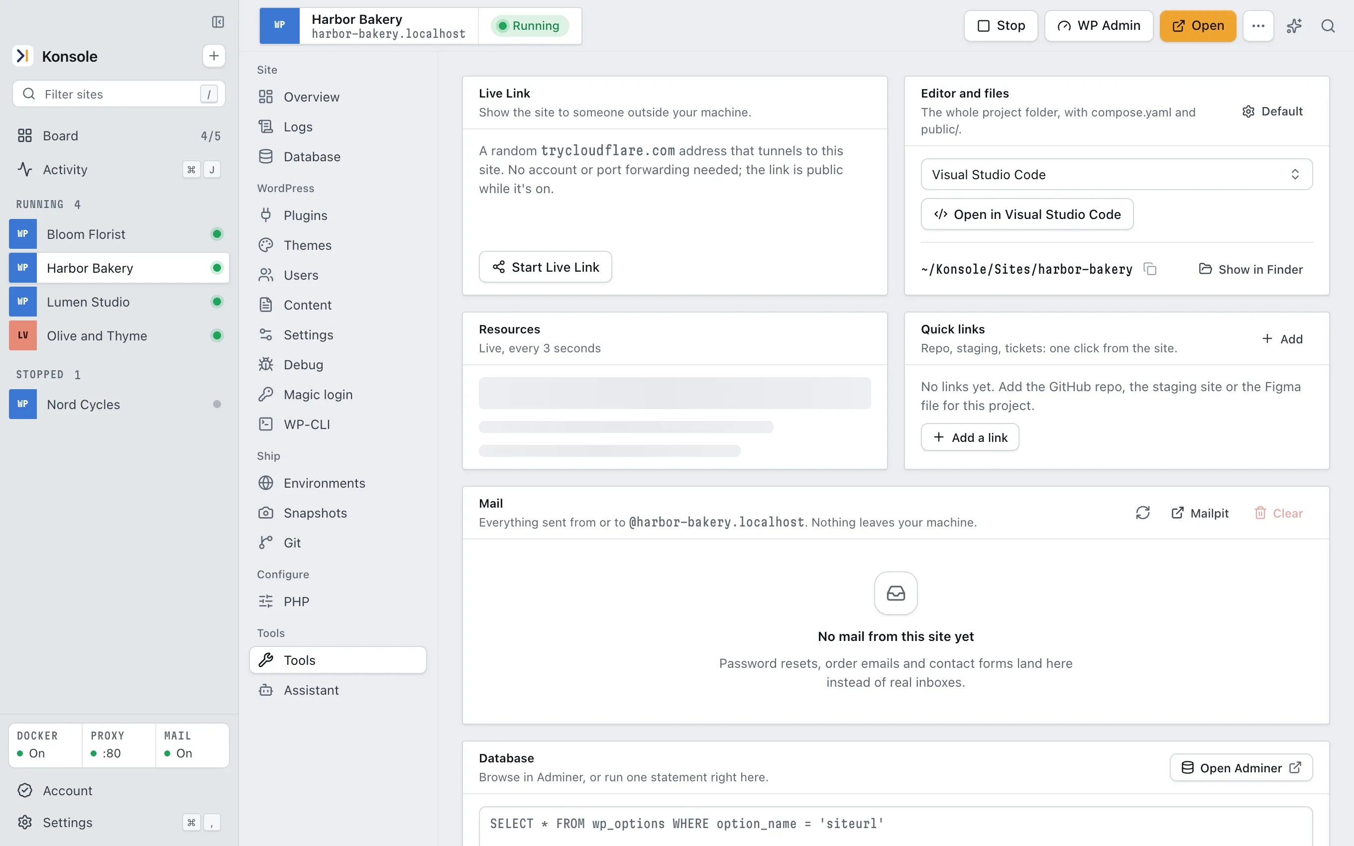 Konsole's Tools page with Live Link, the site's mail inbox and the database