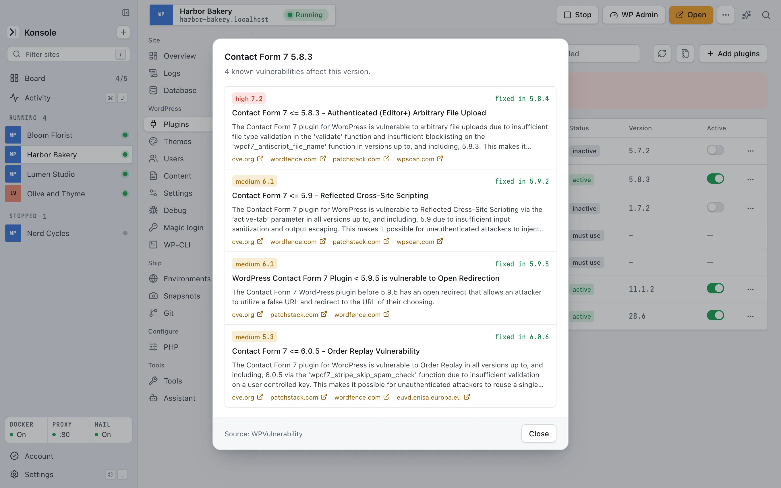 Konsole listing four known vulnerabilities in Contact Form 7, each with the version that fixes it